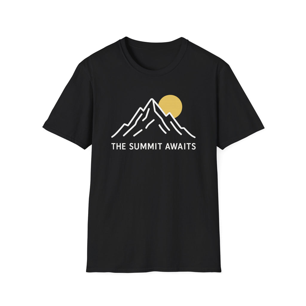 The Summit Awaits mountain graphic T-shirt with minimalist white line art and sun accent on black. An outdoor adventure tee for hikers, campers, and nature lovers.