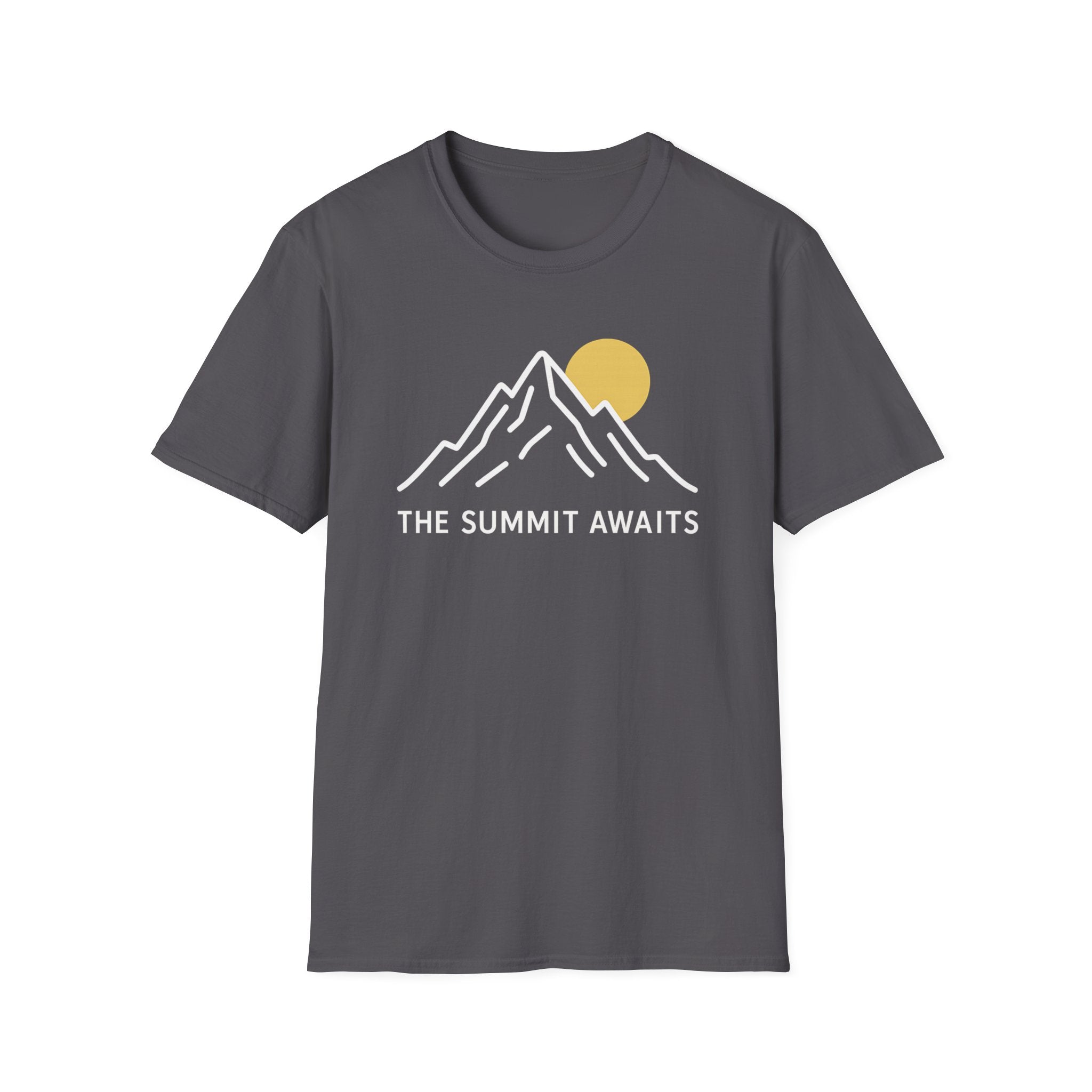 The Summit Awaits mountain graphic T-shirt with minimalist white line art and sun accent on charcoal grey. An outdoor adventure tee for hikers, campers, and nature lovers.