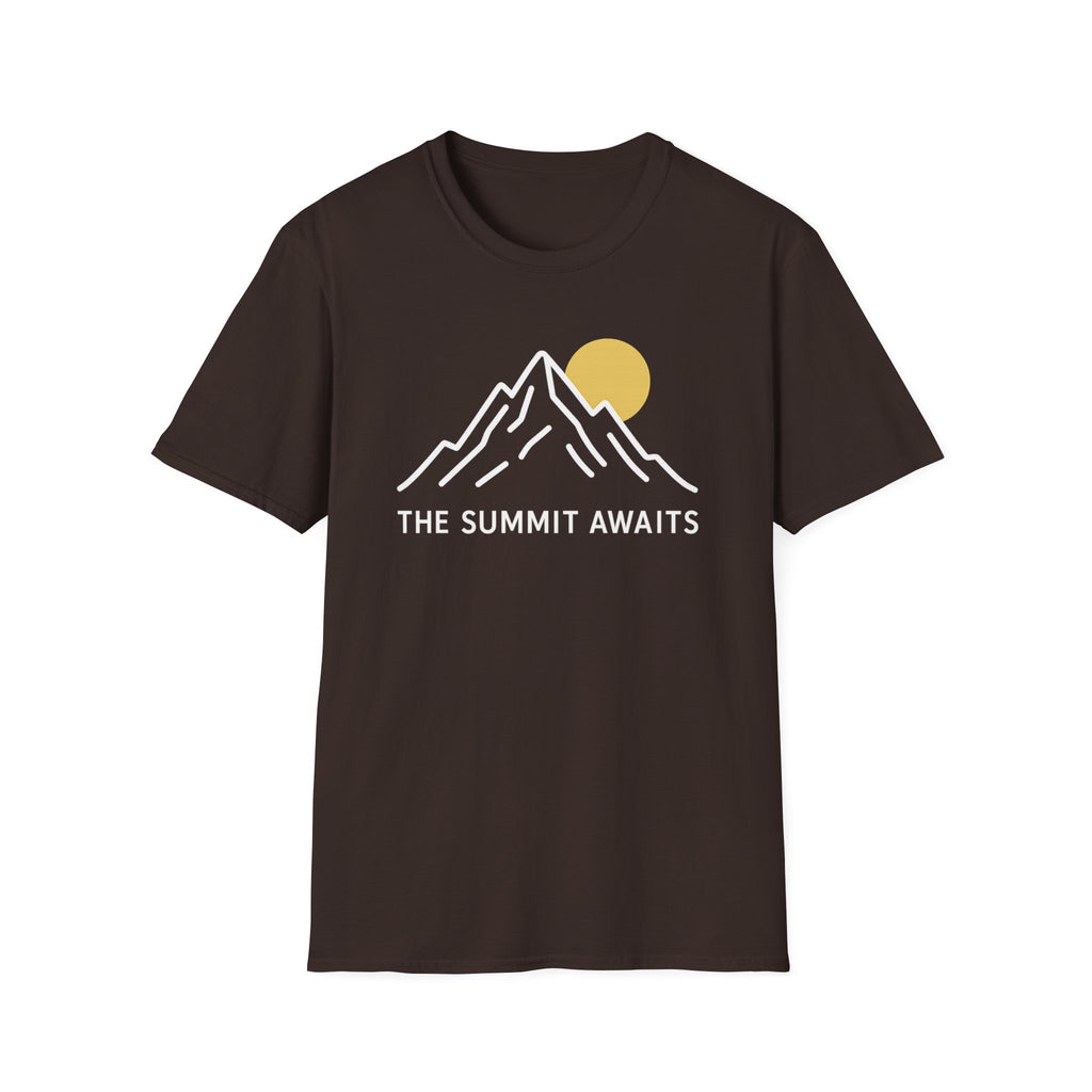 The Summit Awaits mountain graphic T-shirt with minimalist white line art and sun accent on brown. An outdoor adventure tee for hikers, campers, and nature lovers.