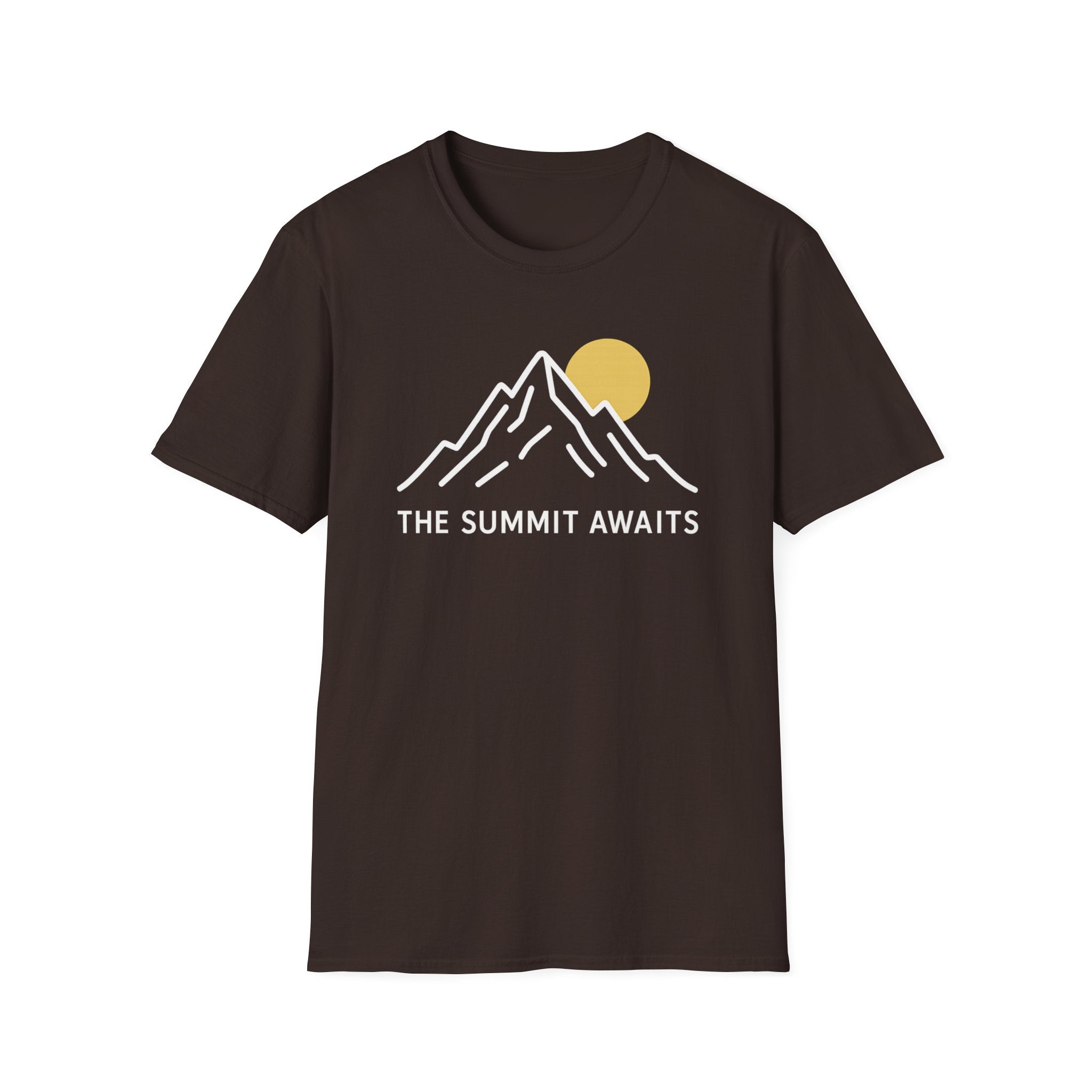 The Summit Awaits mountain graphic T-shirt with minimalist white line art and sun accent on brown. An outdoor adventure tee for hikers, campers, and nature lovers.