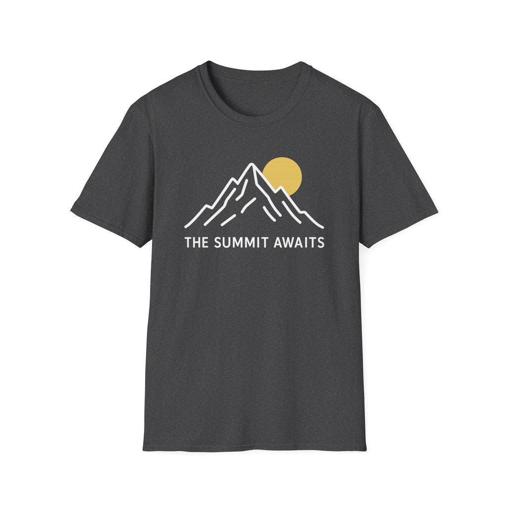 The Summit Awaits mountain graphic T-shirt with minimalist white line art and sun accent on dark heather. An outdoor adventure tee for hikers, campers, and nature lovers.