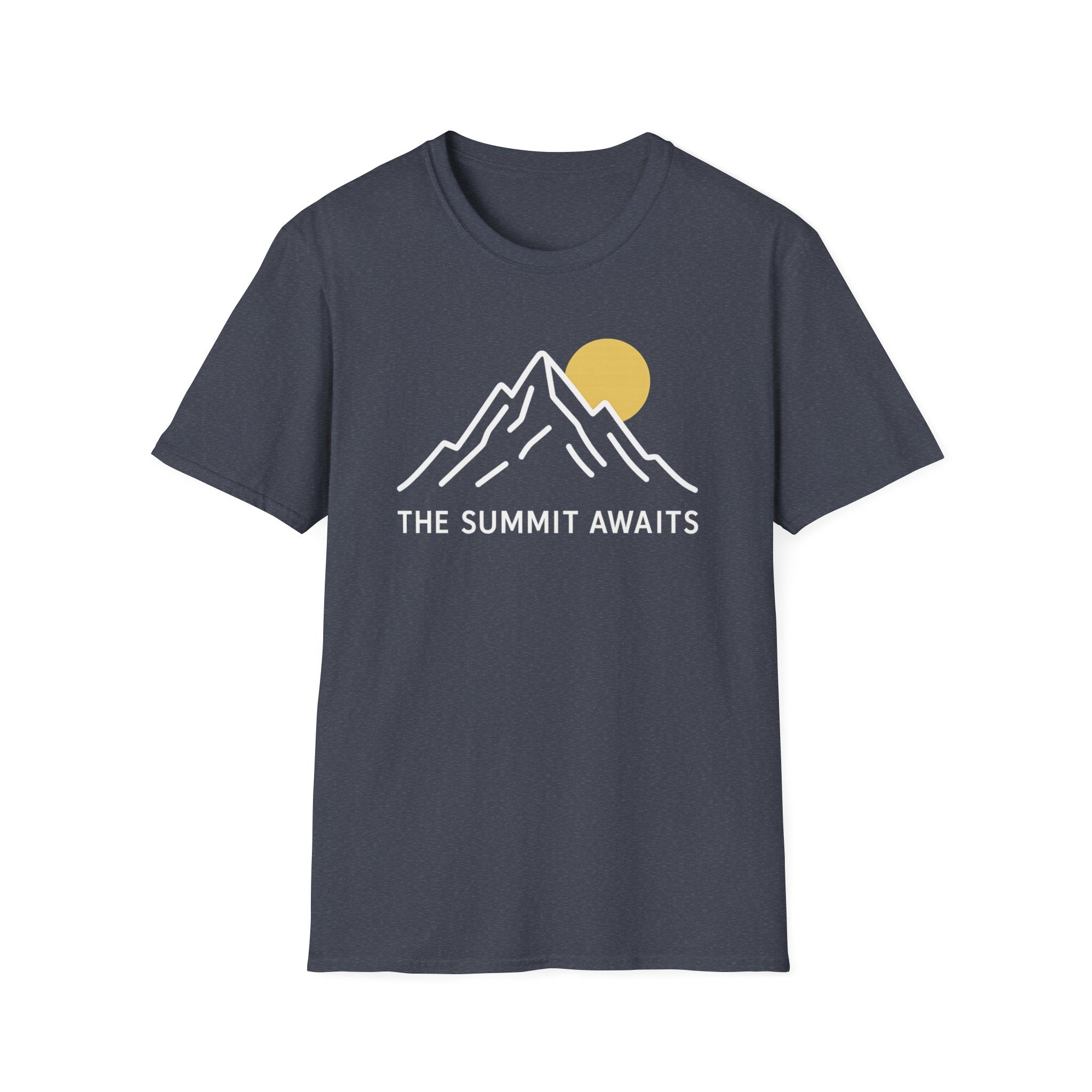 The Summit Awaits mountain graphic T-shirt with minimalist white line art and sun accent on heather navy. An outdoor adventure tee for hikers, campers, and nature lovers.