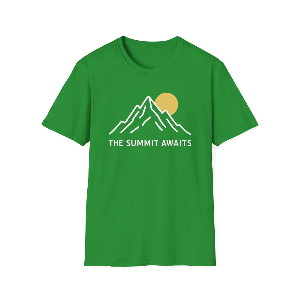 The Summit Awaits mountain graphic T-shirt with minimalist white line art and sun accent on Irish green. An outdoor adventure tee for hikers, campers, and nature lovers.