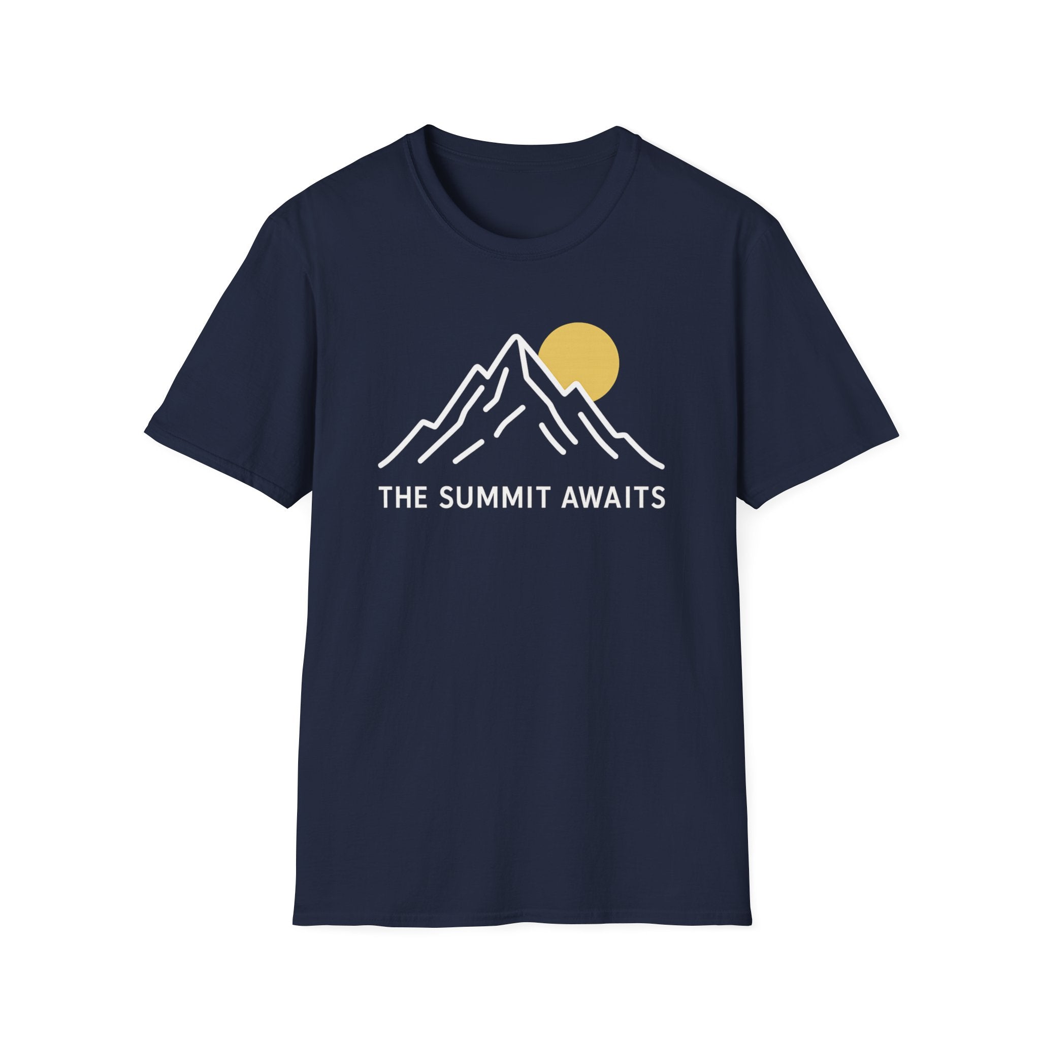 The Summit Awaits mountain graphic T-shirt with minimalist white line art and sun accent on Navy. An outdoor adventure tee for hikers, campers, and nature lovers.