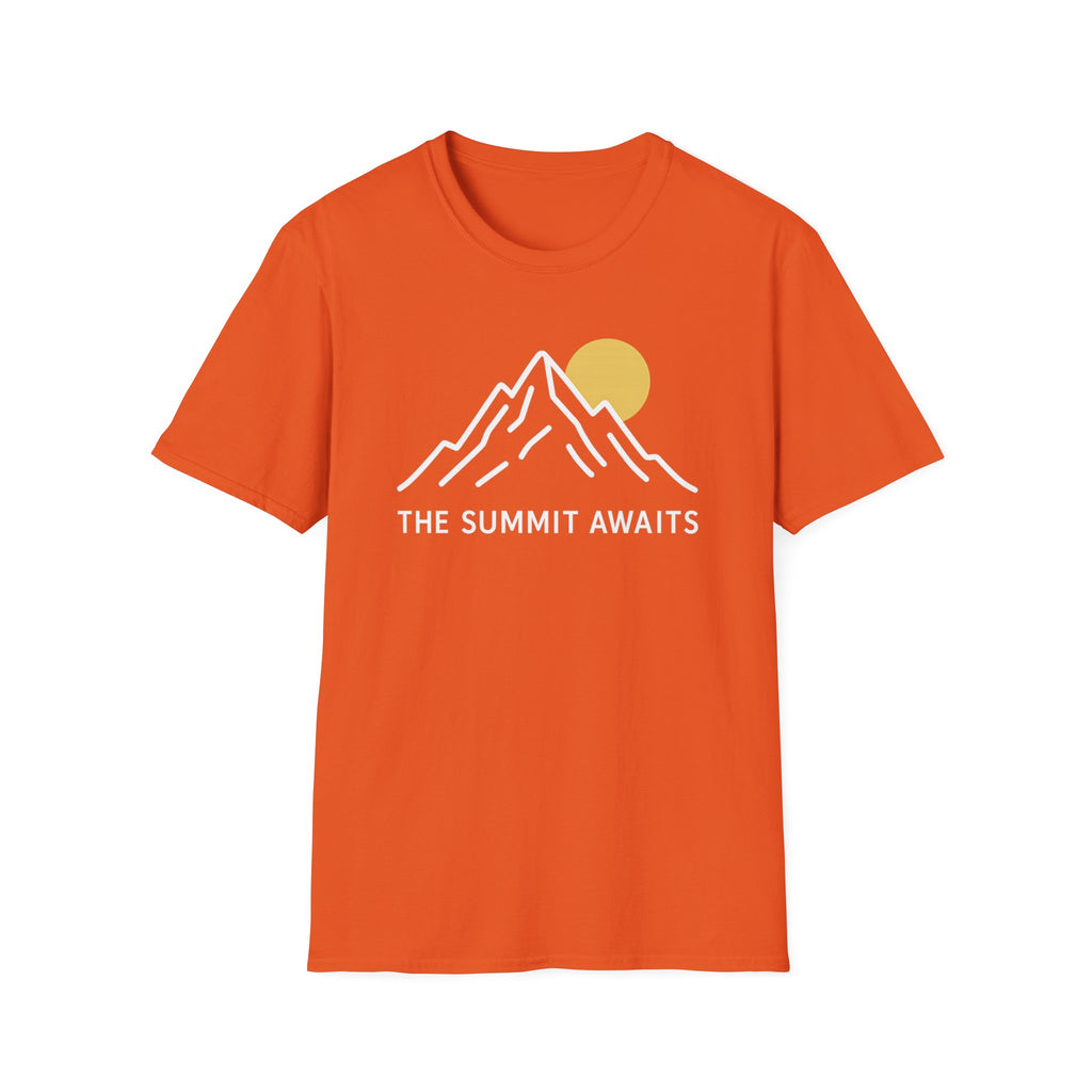 The Summit Awaits mountain graphic T-shirt with minimalist white line art and sun accent on orange. An outdoor adventure tee for hikers, campers, and nature lovers.