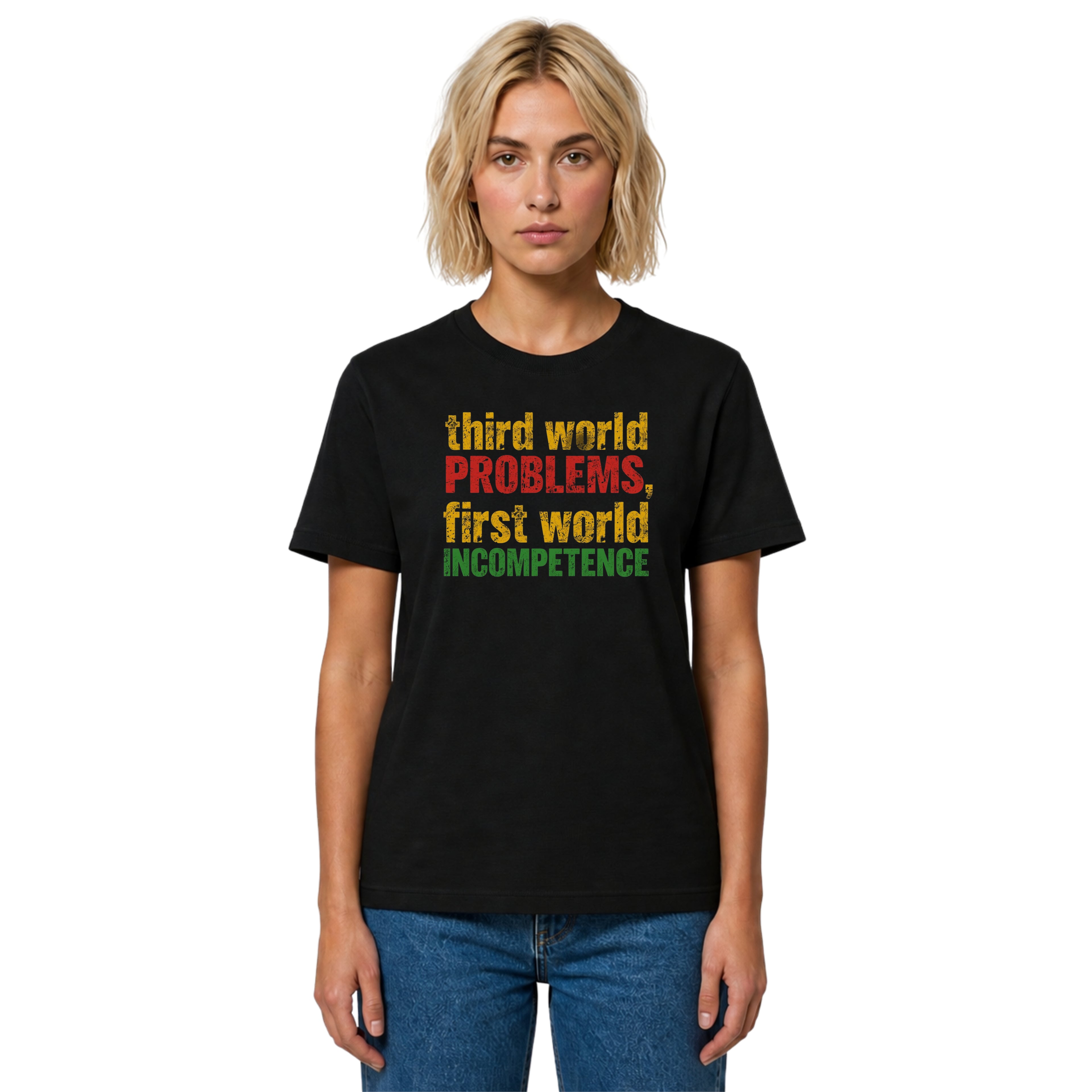 Person wearing a black t-shirt with colorful ´third world problems´ text on a white background