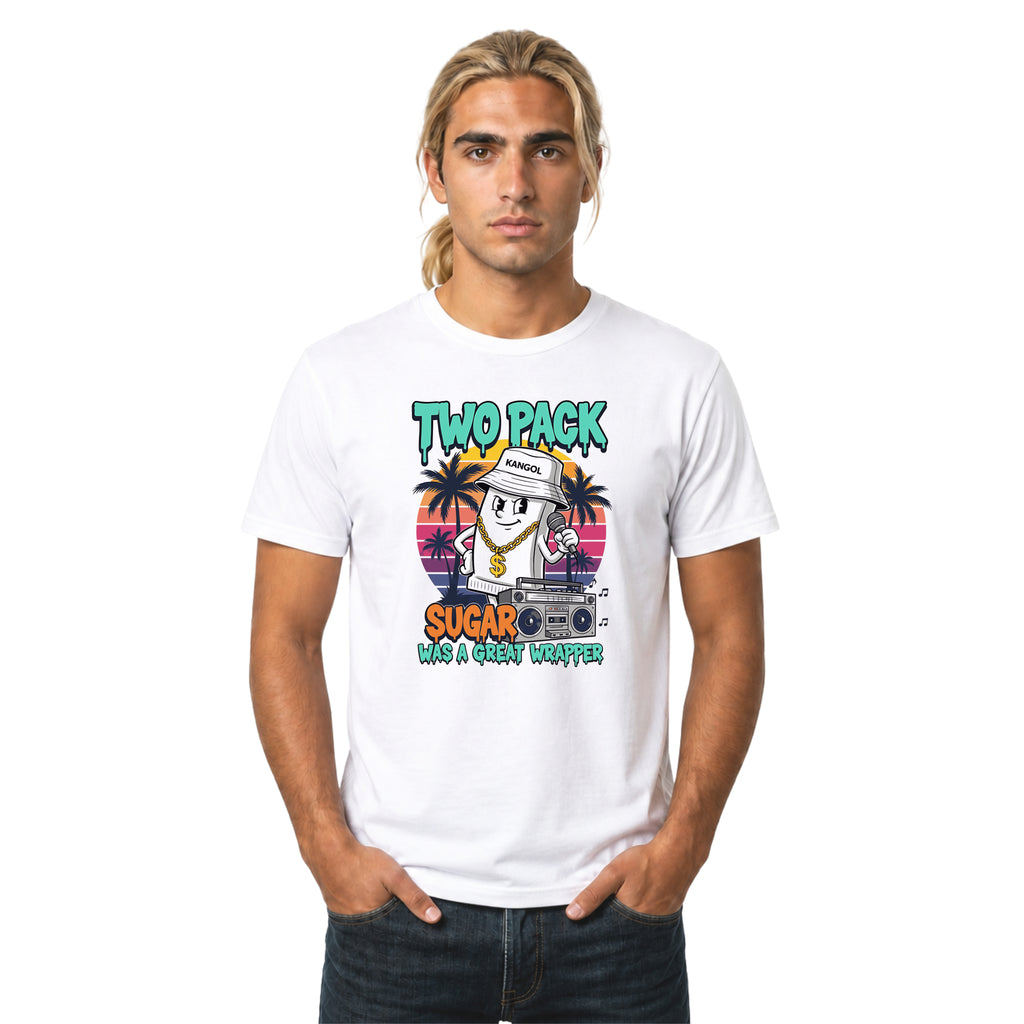 Man wearing a white t-shirt with a colorful graphic design on a white background