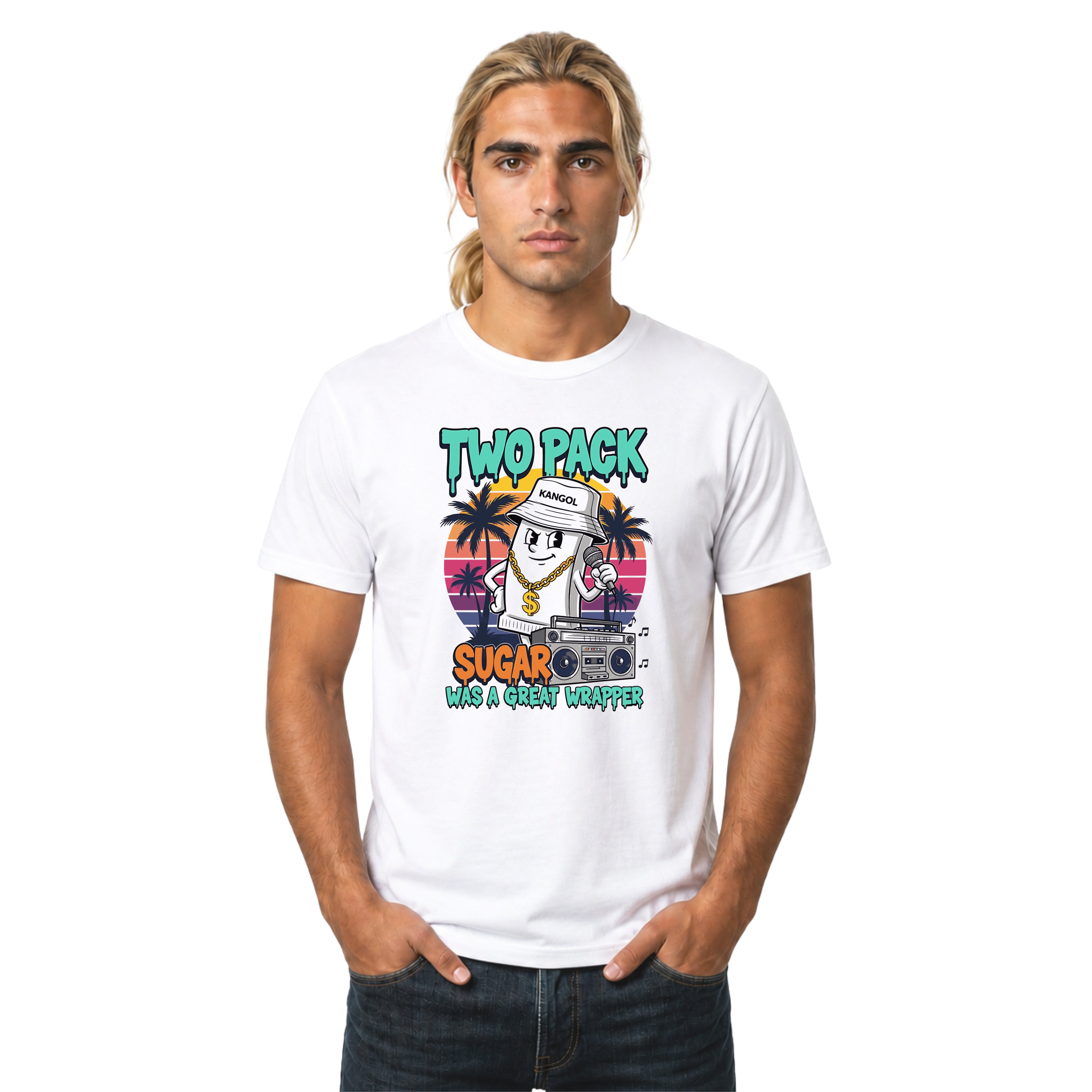 Man wearing a white t-shirt with a colorful graphic design on a white background