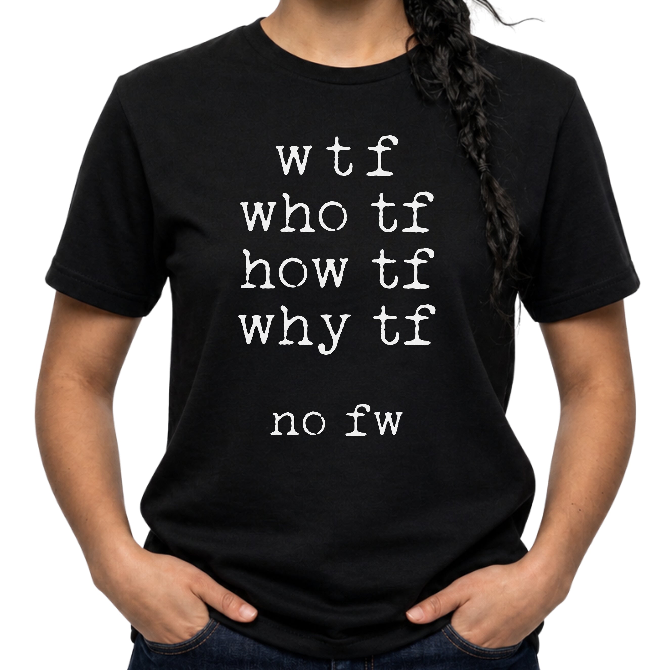 Black Gildan 64000 T-shirt with minimalist WTF acronym text graphic in white stacked typography.
