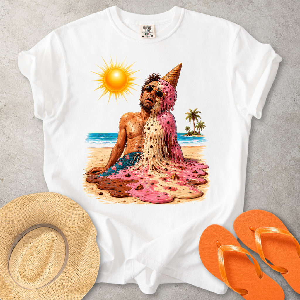 White Comfort Colors graphic T-shirt with a melting ice cream man on a sunny beach, styled with straw hat and orange flip flops