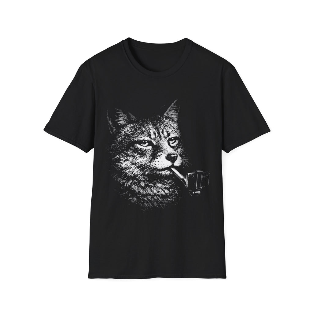 Black T-shirt featuring a distressed black-and-white wolf graphic holding a selfie stick, designed in a bold surreal animal style.
