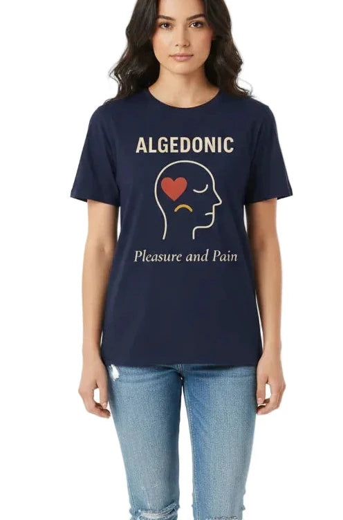 Person wearing a navy blue t-shirt with 'Algedonic' design on a white background