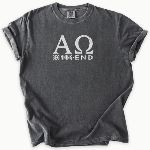 Alpha Omega T-Shirt in Pepper (charcoal grey) — Revelation 22:13, beginning and end faith tee, Comfort Colors 1717 unisex christian faith tee