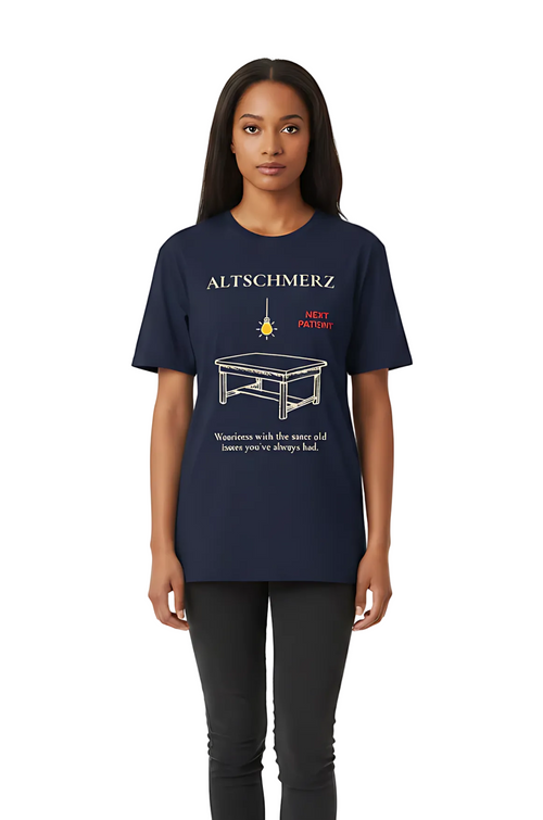Person wearing a navy blue t-shirt with 'ALTSCHMERZ' text and graphic on a white background