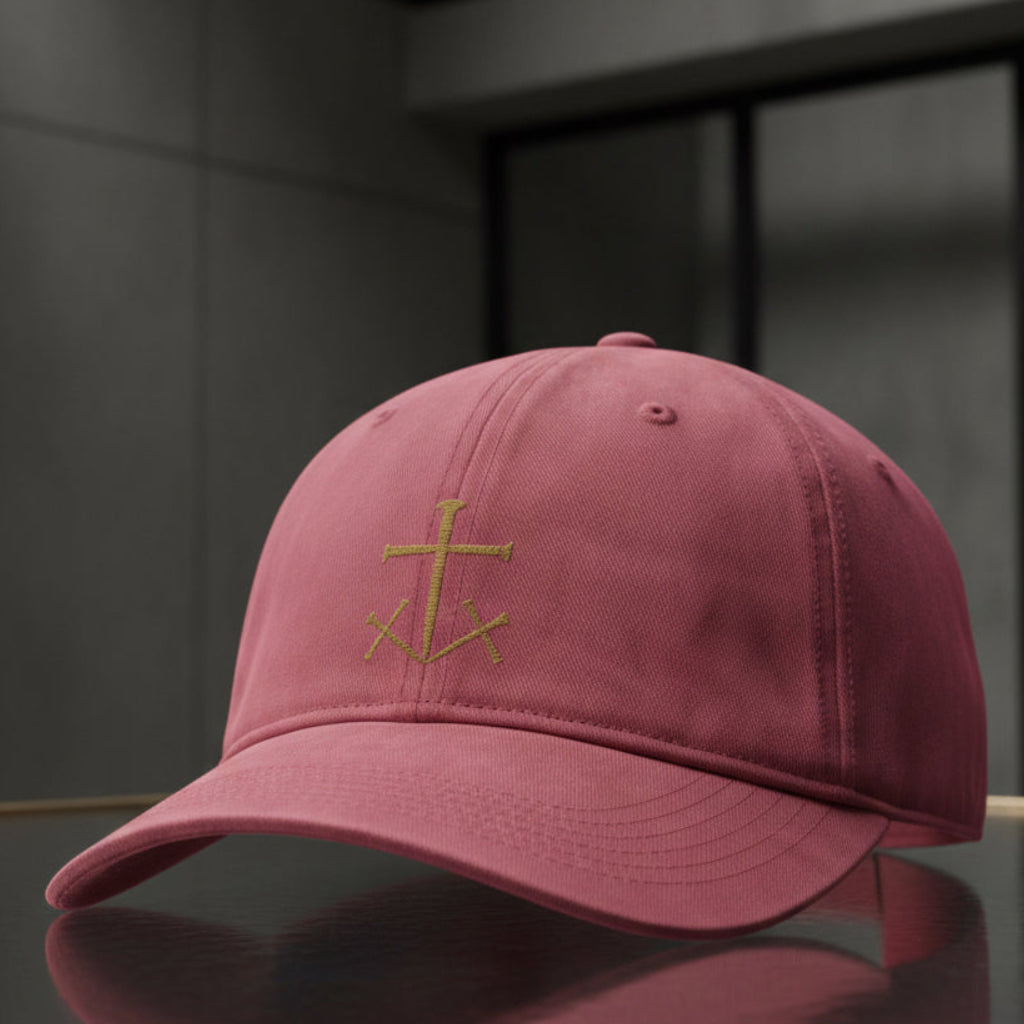 Anchor Nail Cross Cap in Crimson (washed red), alternate view — nail cross, anchor of hope, Comfort Colors CCWC0 washed christian cap