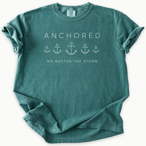 Anchored T-Shirt in Blue Spruce (dark teal-green) — Anchored Faith, Trust God, Comfort Colors 1717 unisex christian faith tee