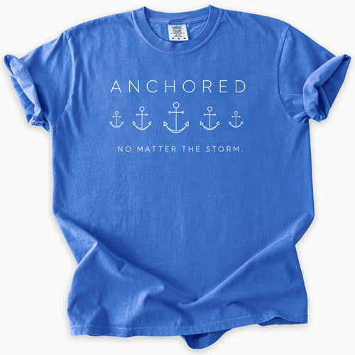 Anchored T-Shirt in Flo Blue (bright cobalt blue) — Anchored Faith, Trust God, Comfort Colors 1717 unisex christian faith tee