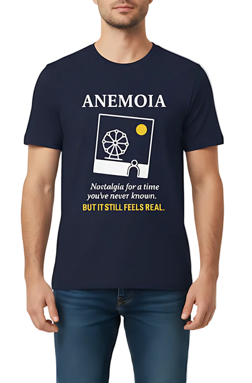 Man wearing a navy blue t-shirt with 'ANEMOIA' design on a white background
