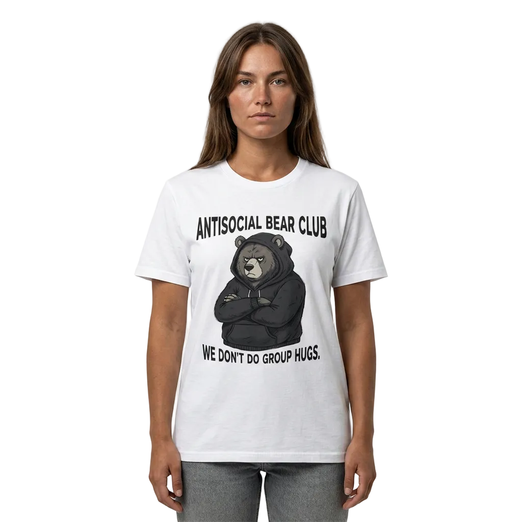 Person wearing a white t-shirt with a bear graphic and text on a plain background