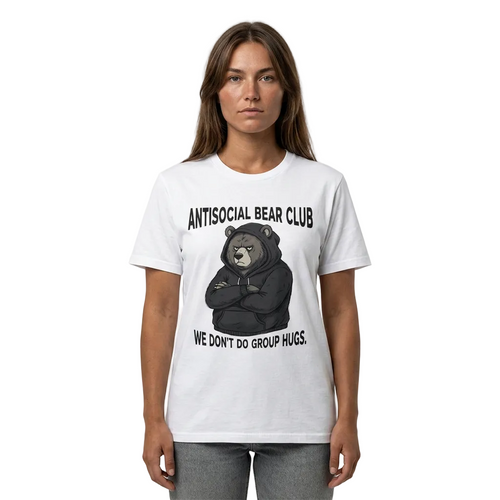 Person wearing a white t-shirt with a bear graphic and text on a plain background