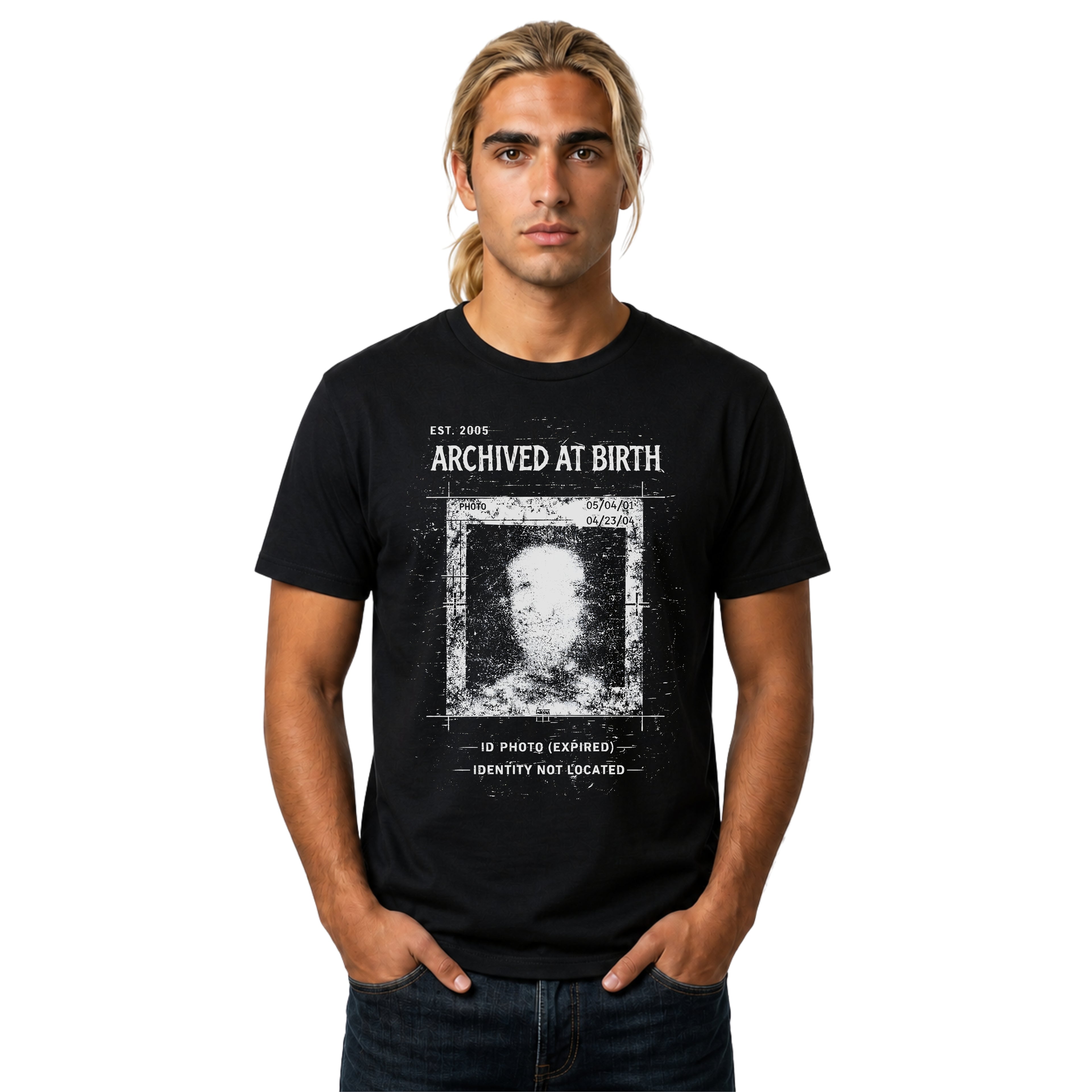 Black graphic T-shirt featuring Archived At Birth text, corrupted ID photo artwork, distressed archive texture and dark grunge design.