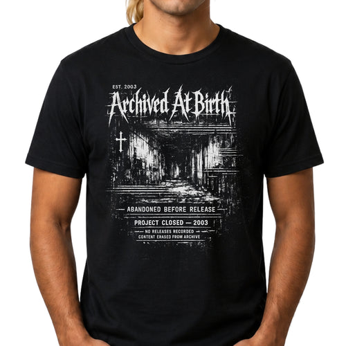 Black Gildan 64000 T-shirt with Archived At Birth distressed monochrome graphic, abandoned project text and archive-style artwork.