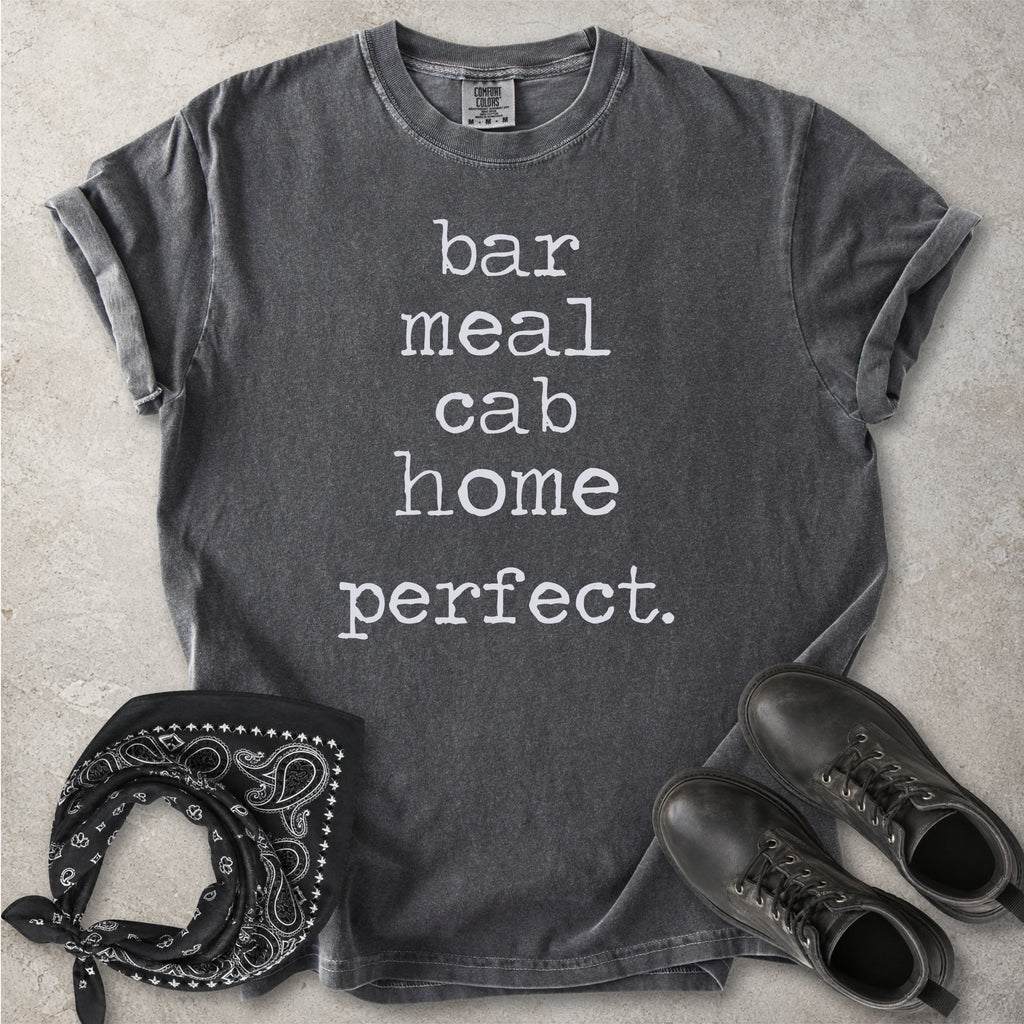 Pepper grey Comfort Colors graphic T-shirt with white text reading bar meal cab home perfect, styled with black boots and a black bandana