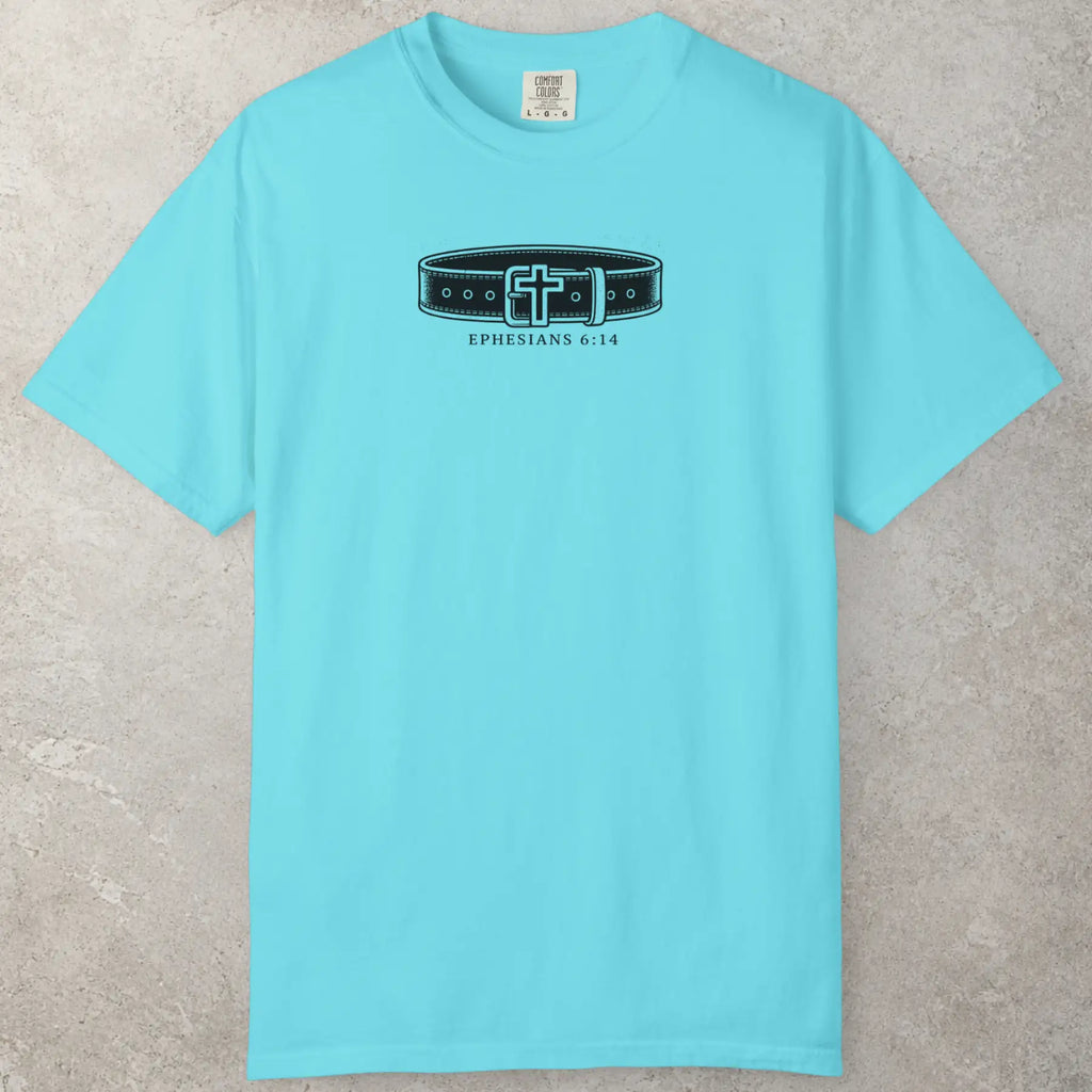 Belt Of Truth T-Shirt in Lagoon Blue (bright turquoise) — casual street, catholic cross, Comfort Colors 1717 unisex christian faith tee