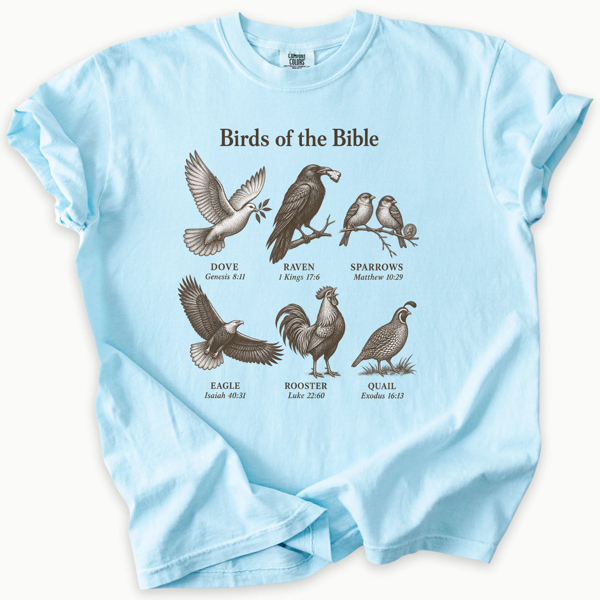 Birds Of The Bible T-Shirt in Chambray (light blue) — birds of the Bible, bird lover scripture tee, Comfort Colors 1717 unisex christian faith tee
