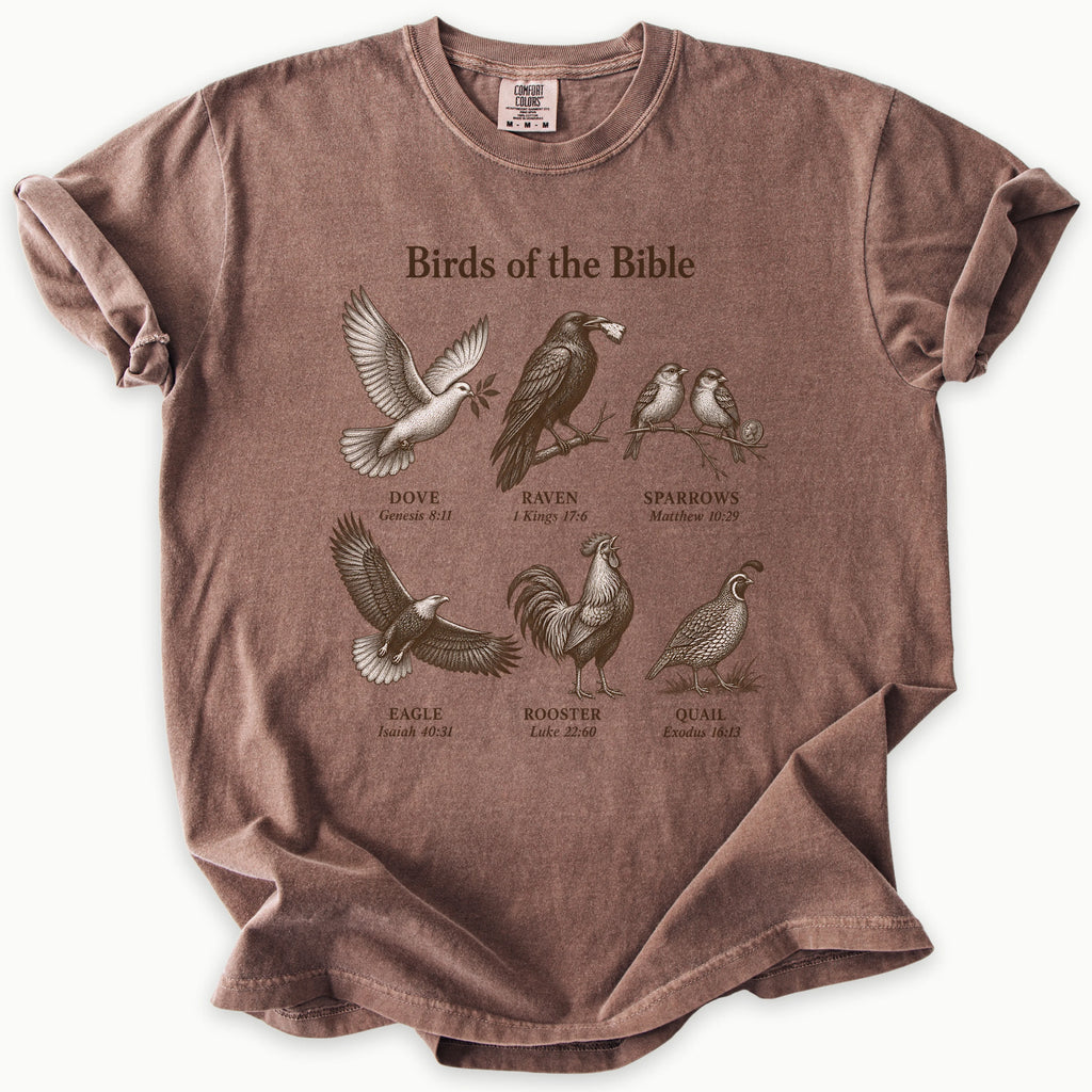 Birds Of The Bible T-Shirt in Espresso (dark brown) — birds of the Bible, bird lover scripture tee, Comfort Colors 1717 unisex christian faith tee