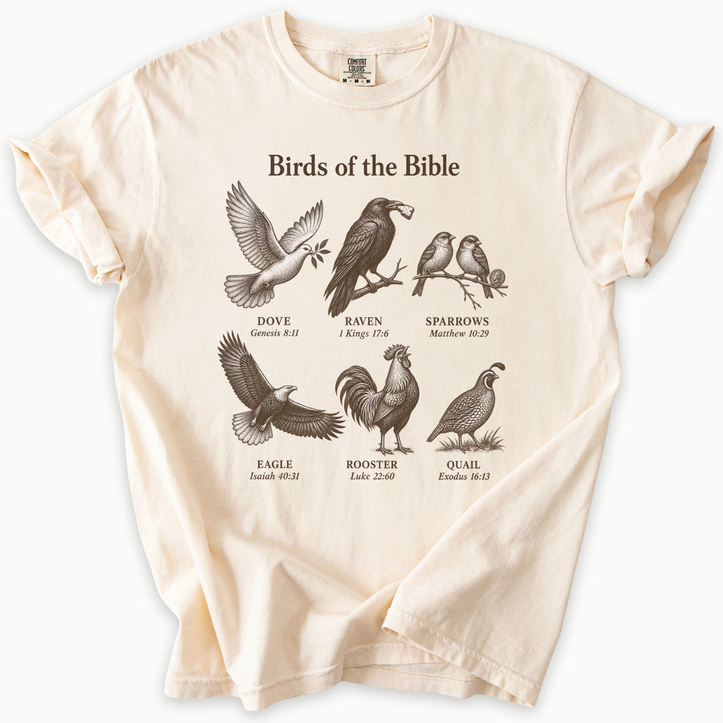 Birds Of The Bible T-Shirt in Ivory (warm cream) — birds of the Bible, bird lover scripture tee, Comfort Colors 1717 unisex christian faith tee