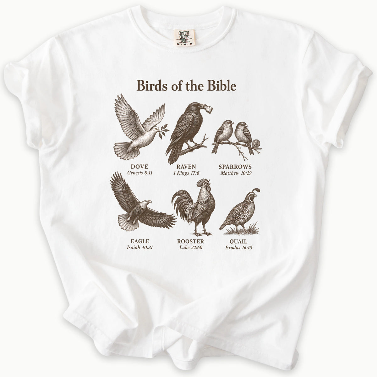 Birds Of The Bible T-Shirt in White — birds of the Bible, bird lover scripture tee, Comfort Colors 1717 unisex christian faith tee