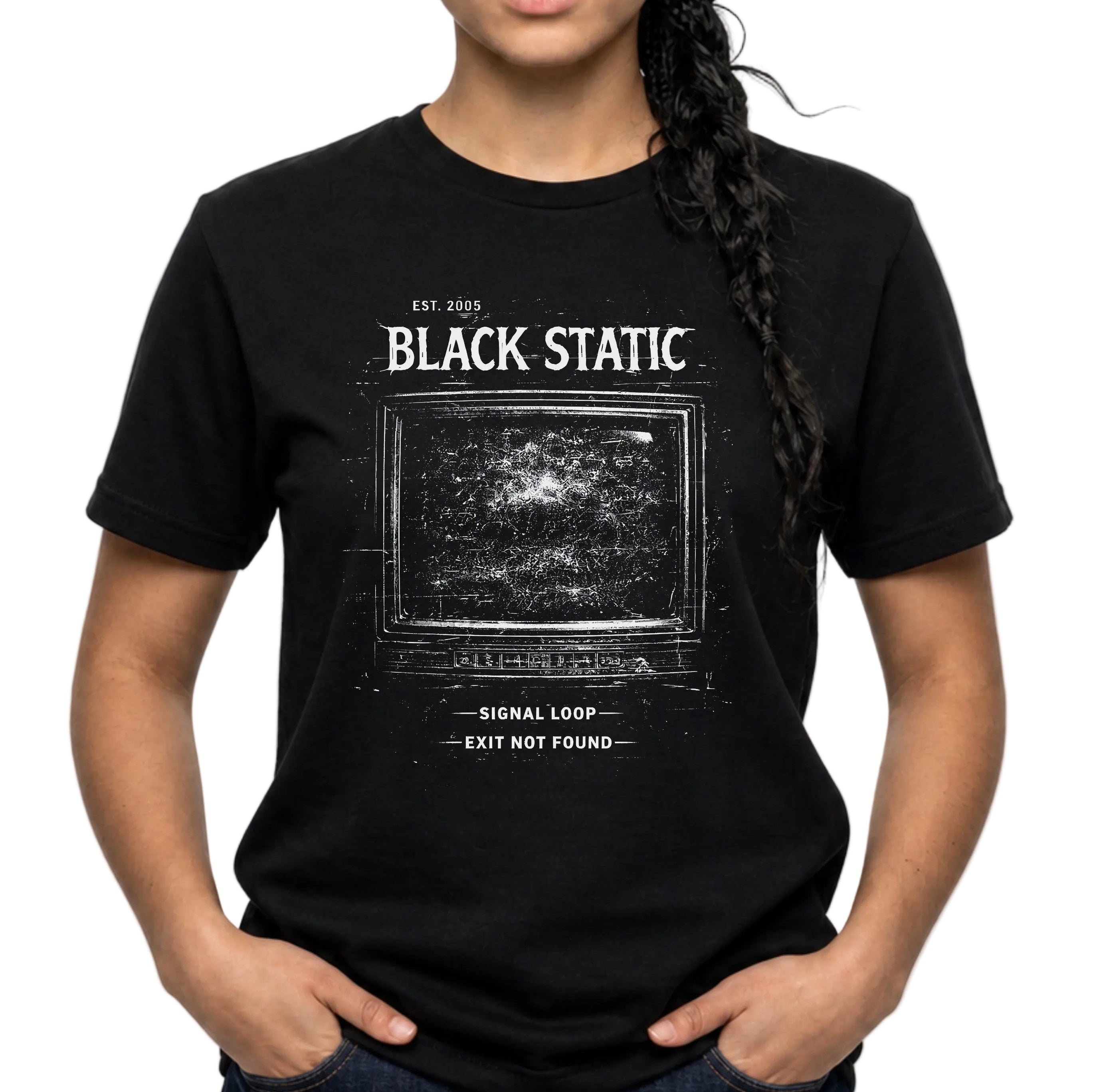 Person wearing a black t-shirt with 'Black Static' design on a white background