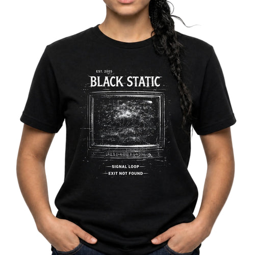 Person wearing a black t-shirt with 'Black Static' design on a white background