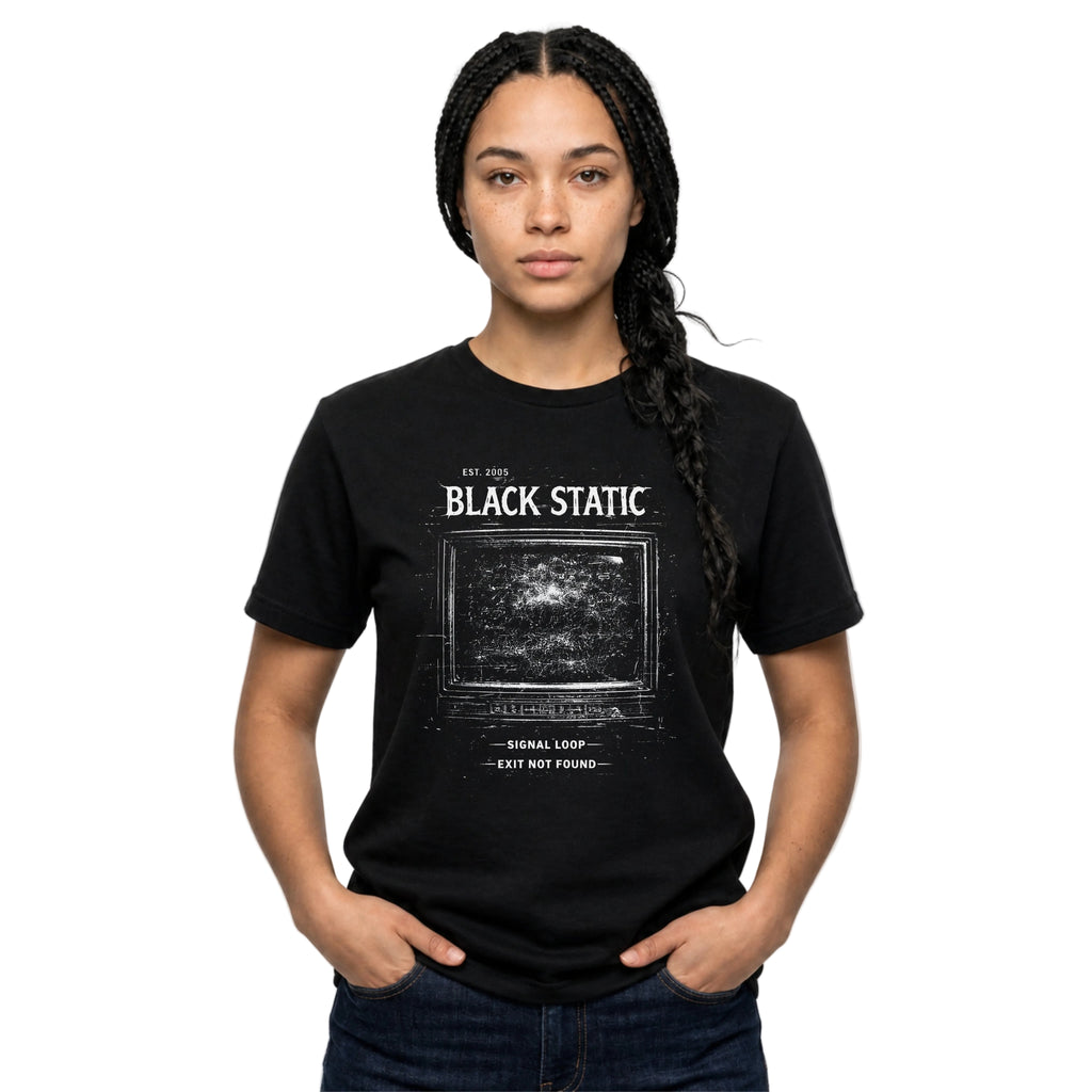 Person wearing a black t-shirt with 'Black Static' design on a white background