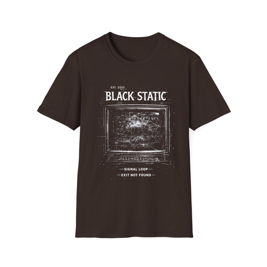 Black Static minimalist grunge T-shirt with a distressed static screen graphic, lo-fi glitch texture, and dark alternative streetwear in chocolate brown.