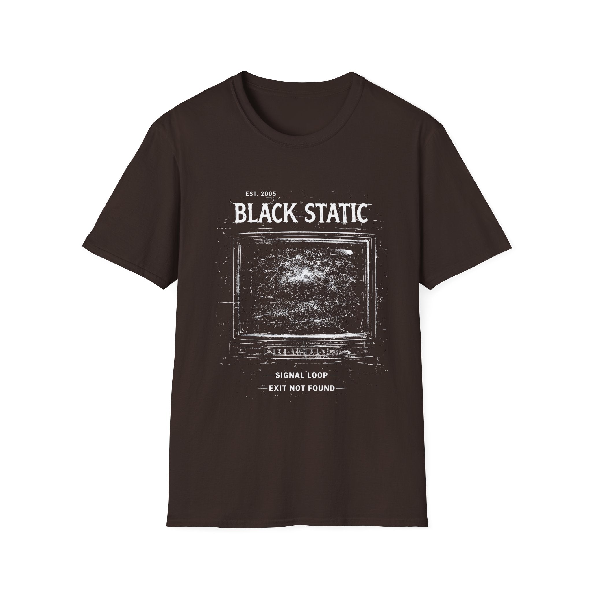Black Static minimalist grunge T-shirt with a distressed static screen graphic, lo-fi glitch texture, and dark alternative streetwear in chocolate brown.