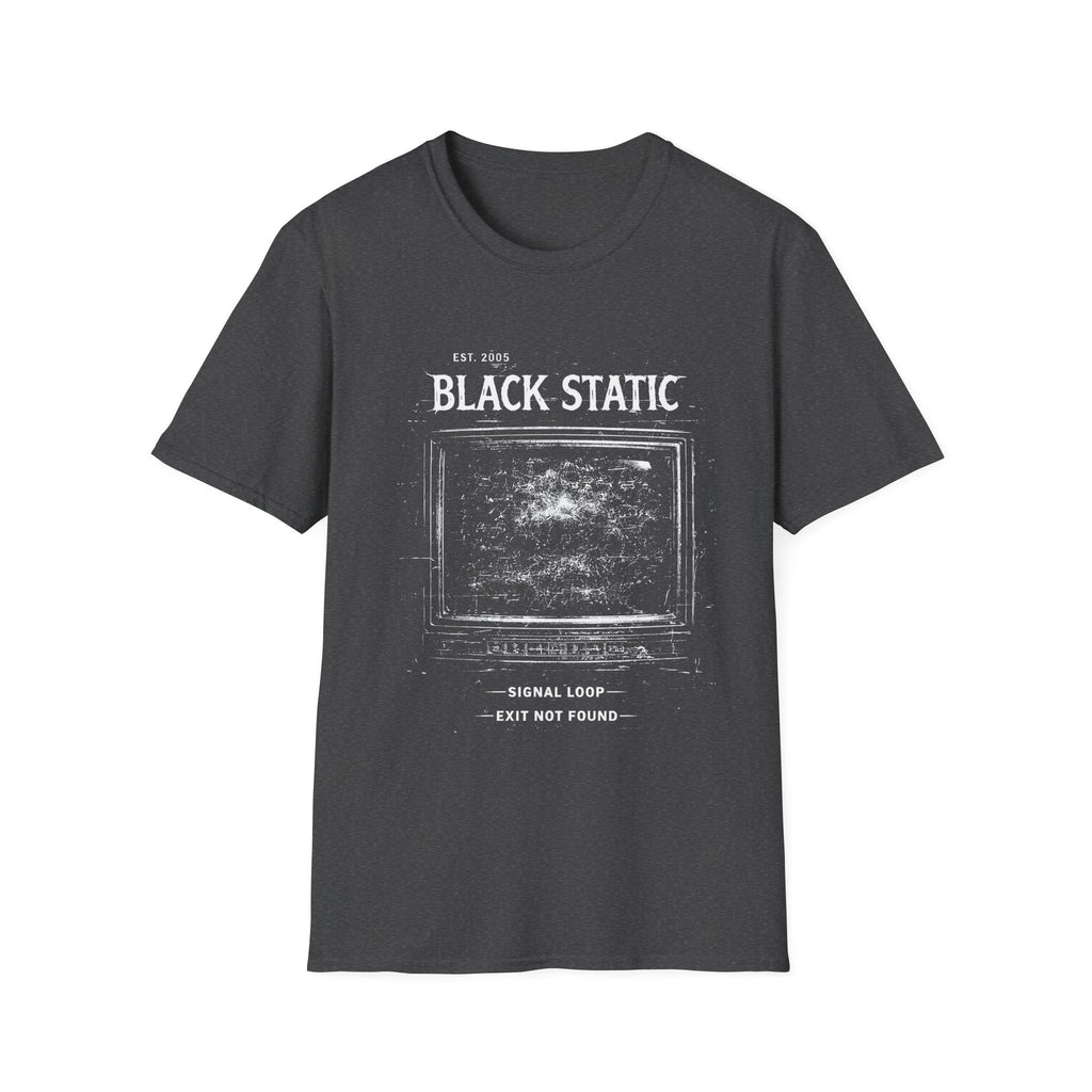 Black Static minimalist grunge T-shirt with a distressed static screen graphic, lo-fi glitch texture, and dark alternative streetwear feel in dark heather.