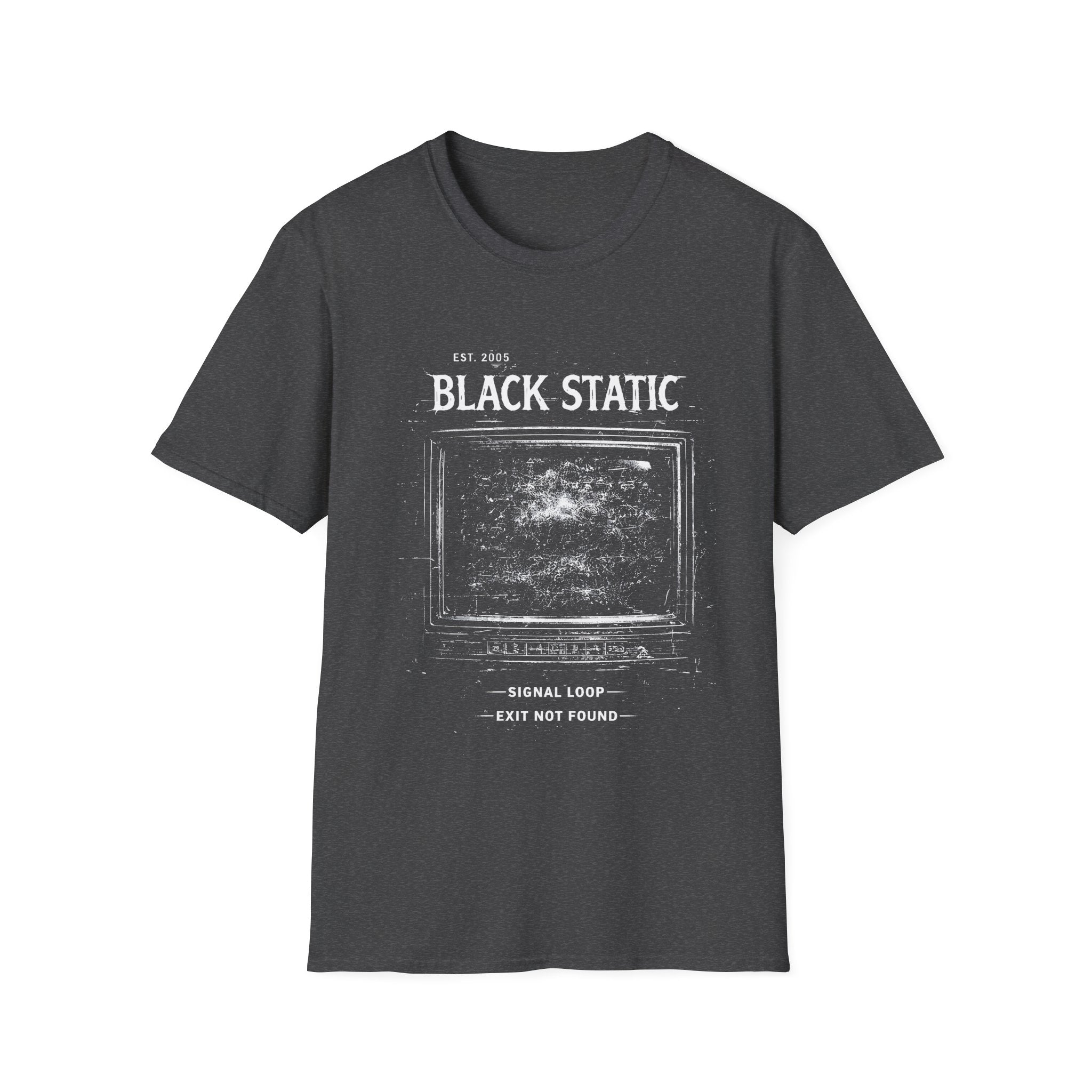 Black Static minimalist grunge T-shirt with a distressed static screen graphic, lo-fi glitch texture, and dark alternative streetwear feel in dark heather.