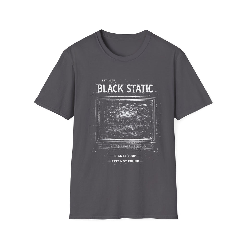Black Static minimalist grunge T-shirt with a distressed static screen graphic, lo-fi glitch texture, and dark alternative streetwear feel in charcoal colour.