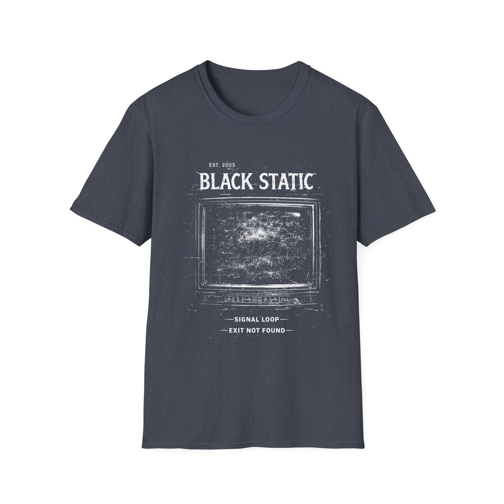 Black Static minimalist grunge T-shirt with a distressed static screen graphic, lo-fi glitch texture, and dark alternative streetwear feel in a heather navy colour.