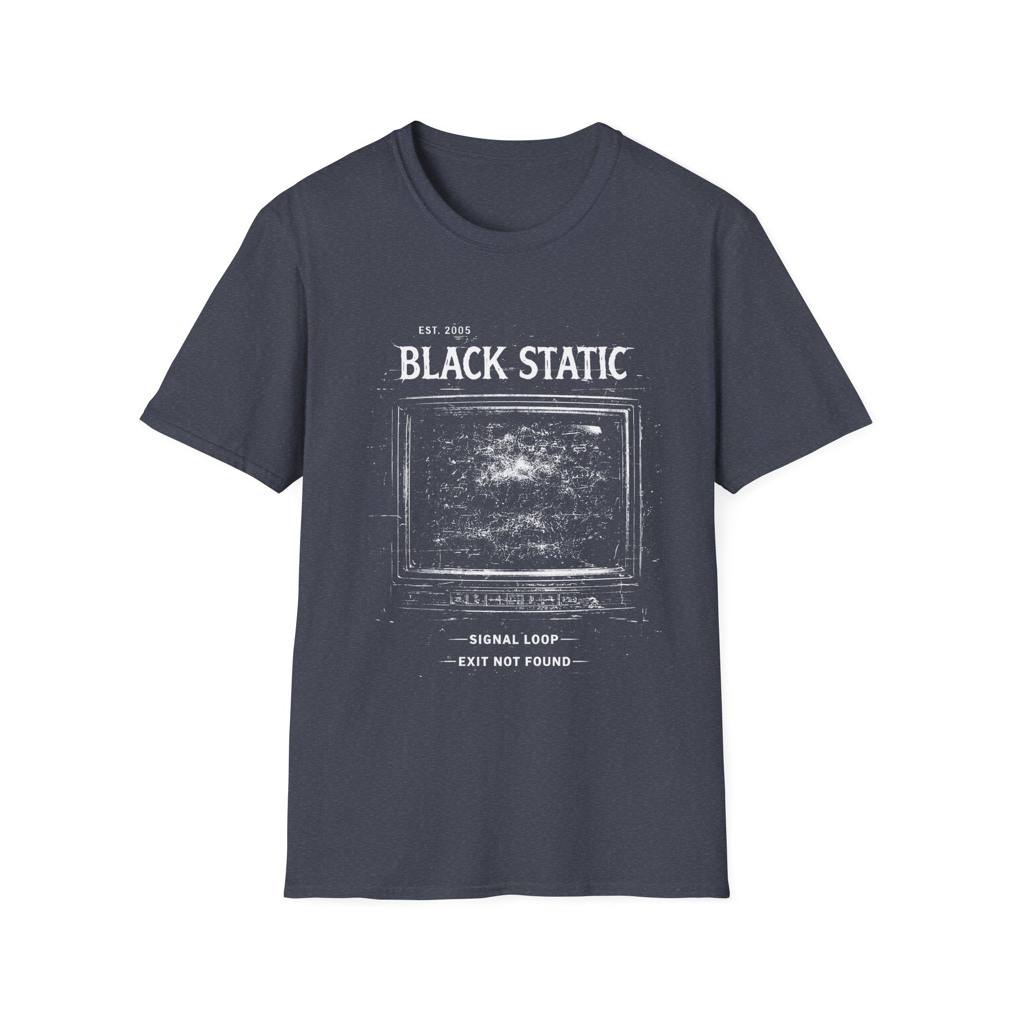 Black Static minimalist grunge T-shirt with a distressed static screen graphic, lo-fi glitch texture, and dark alternative streetwear feel in a heather navy colour.