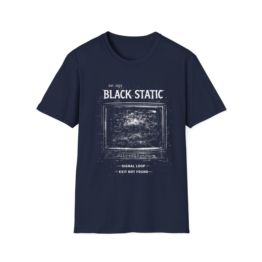 Black Static minimalist grunge T-shirt with a distressed static screen graphic, lo-fi glitch texture, and dark alternative streetwear feel in a navy blue colour.
