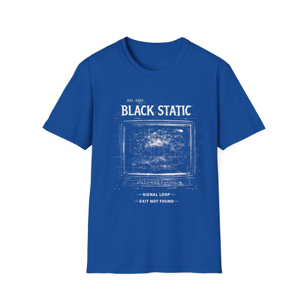 Black Static minimalist grunge T-shirt with a distressed static screen graphic, lo-fi glitch texture, and dark alternative streetwear feel in royal blue colour.
