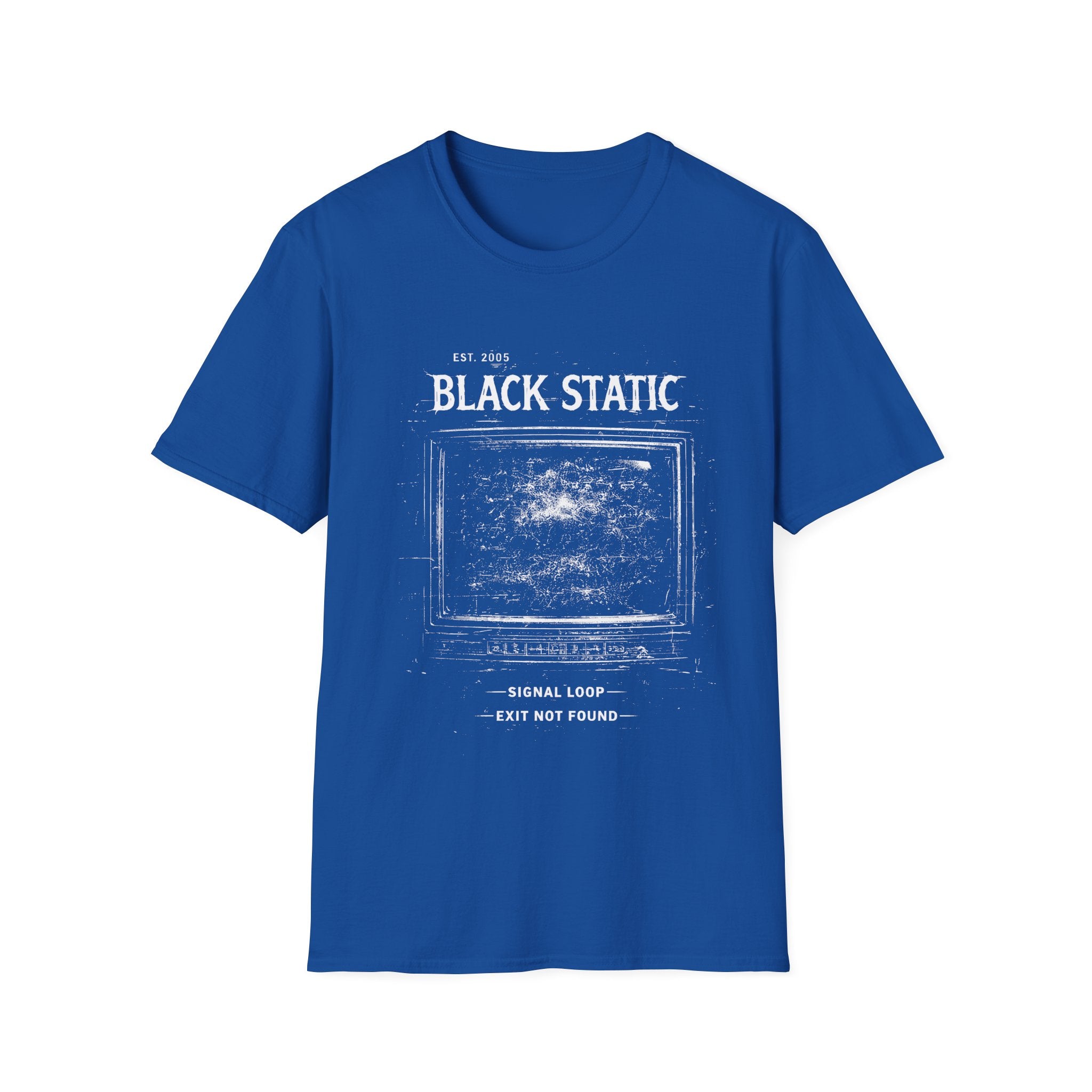 Black Static minimalist grunge T-shirt with a distressed static screen graphic, lo-fi glitch texture, and dark alternative streetwear feel in royal blue colour.
