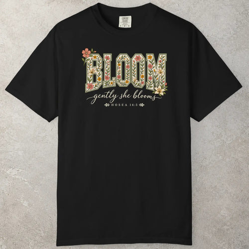 Bloom Gently T-Shirt in Black — casual everyday, earth tone shirt, Comfort Colors 1717 unisex christian faith tee
