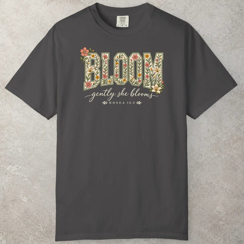 Bloom Gently T-Shirt in Graphite (near-black grey) — casual everyday, earth tone shirt, Comfort Colors 1717 unisex christian faith tee