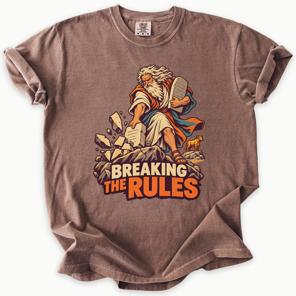 Breaking Rules T-Shirt in Espresso (dark brown) — Moses breaking the Ten Commandments tablets, funny Bible humor, Comfort Colors 1717 unisex christian faith tee