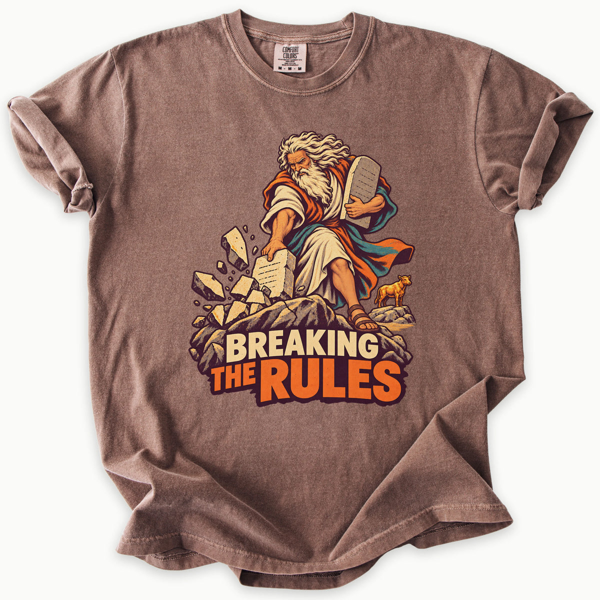 Breaking Rules T-Shirt in Espresso (dark brown) — Moses breaking the Ten Commandments tablets, funny Bible humor, Comfort Colors 1717 unisex christian faith tee