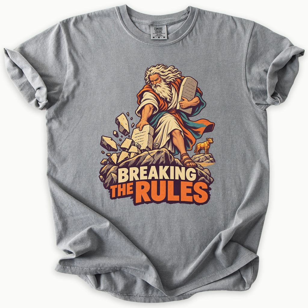 Breaking Rules T-Shirt in Grey (medium grey) — Moses breaking the Ten Commandments tablets, funny Bible humor, Comfort Colors 1717 unisex christian faith tee